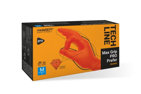 RĘKAWICE OCHRONNE, NITRYLOWE BEZPUDROWE POMARAŃCZOWE 50 SZT. - MAX GRIP ORANGE ROZM. M